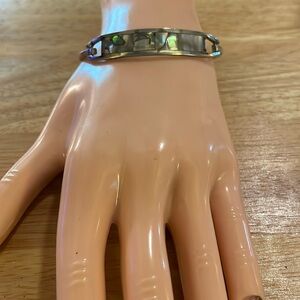 Vintage Alpaca Silver and Abalone Shell Hinged Bracelet